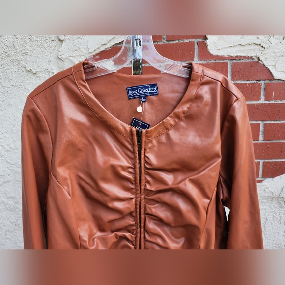 Large women LANE CRAWFORD faux leather zip shirred long sleeve jacket FLAWS - Picture 4 of 16